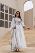 Juniper White Anarkali Dress With Embroidered Dupatta | Grocsy