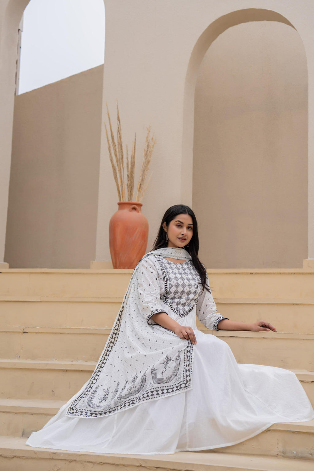 Juniper White Anarkali Dress With Embroidered Dupatta | Grocsy