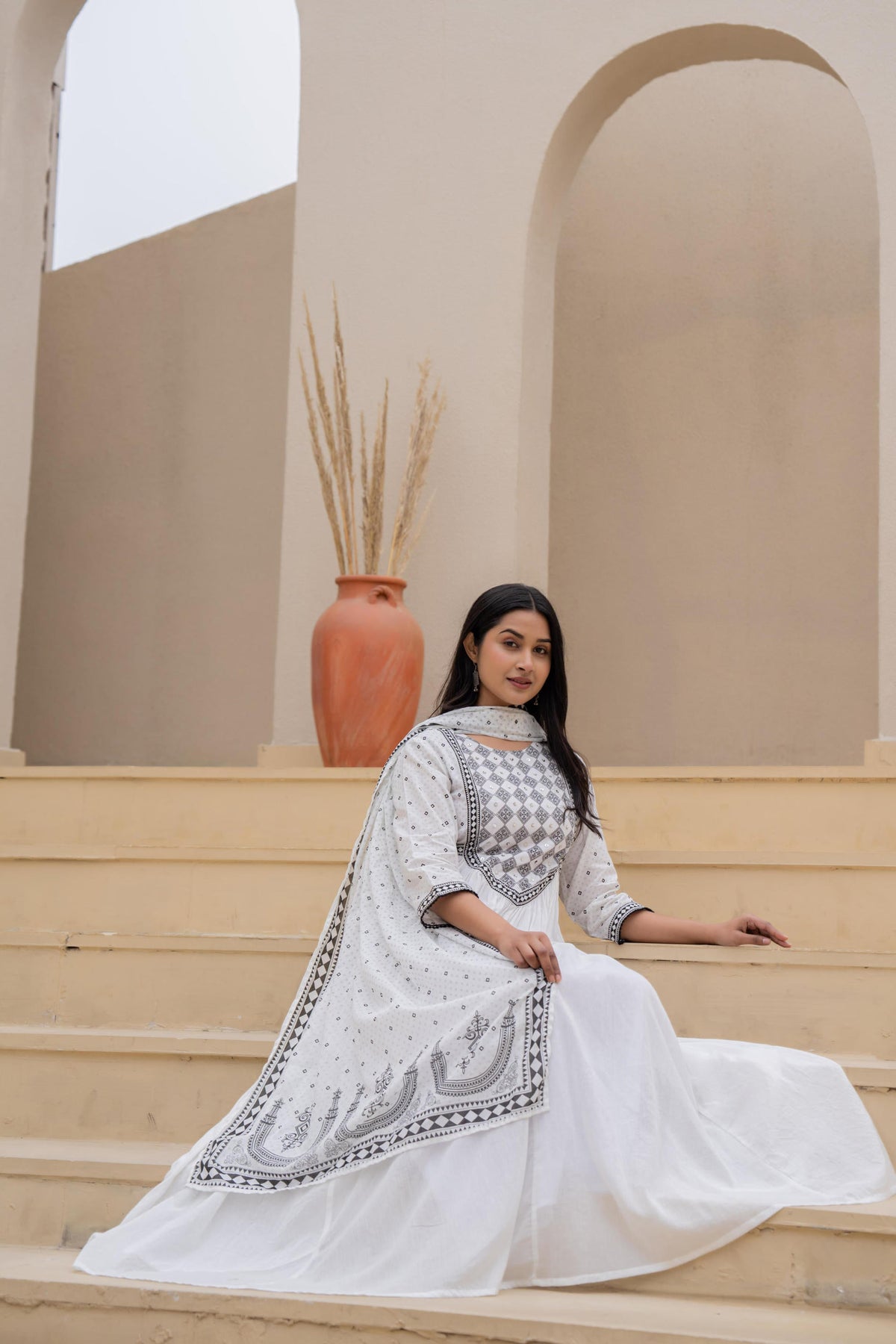 Juniper White Anarkali Dress With Embroidered Dupatta | Grocsy
