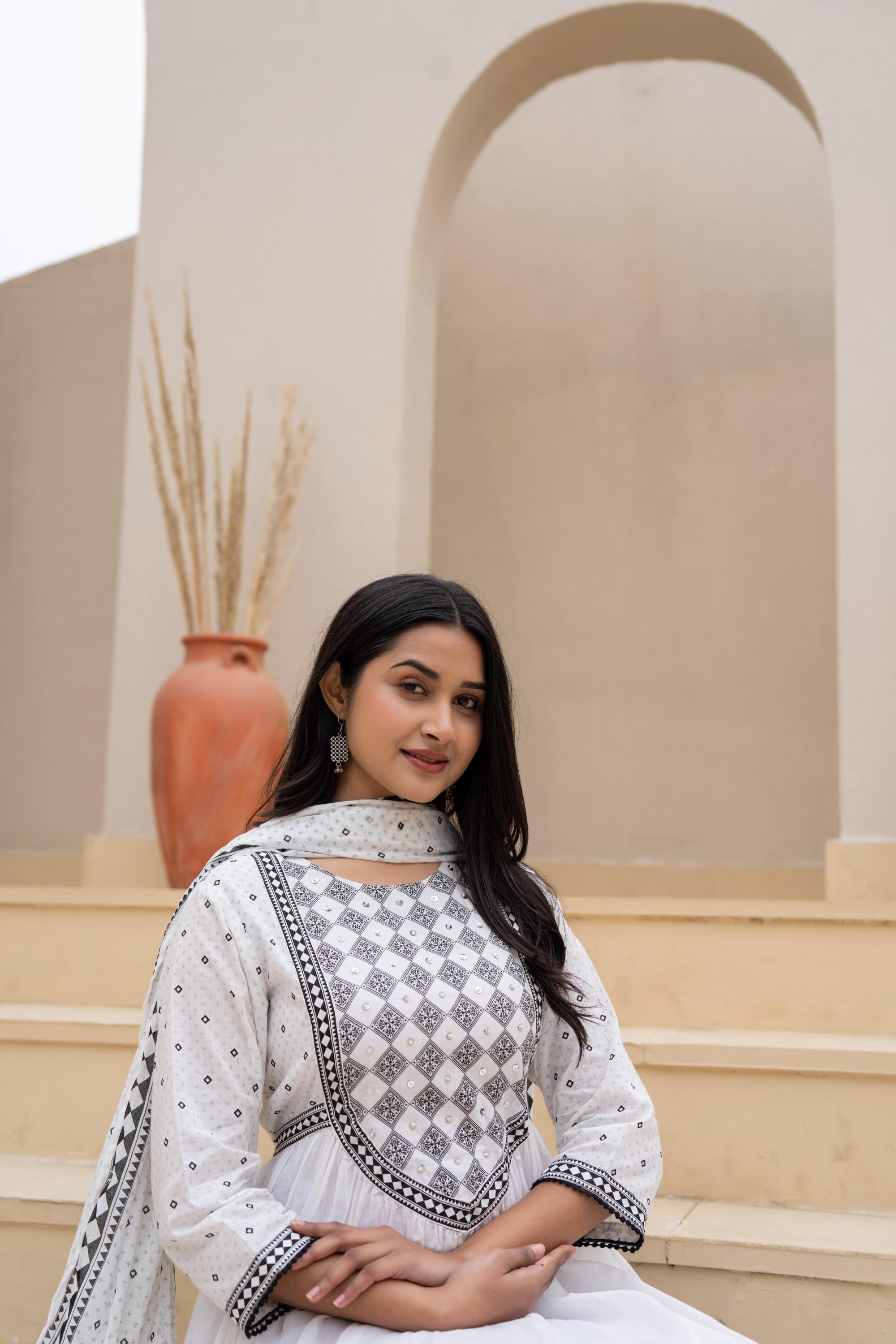 Juniper White Anarkali Dress with Embroidered Dupatta | Grocsy