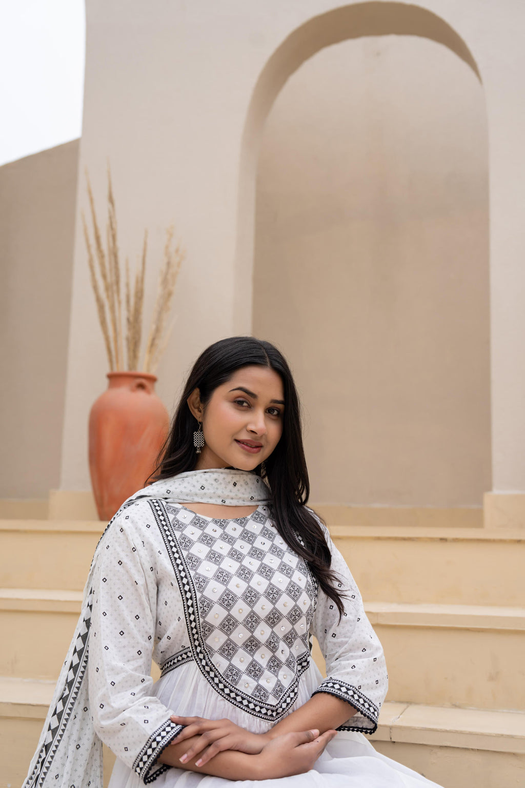 Juniper White Anarkali Dress With Embroidered Dupatta | Grocsy