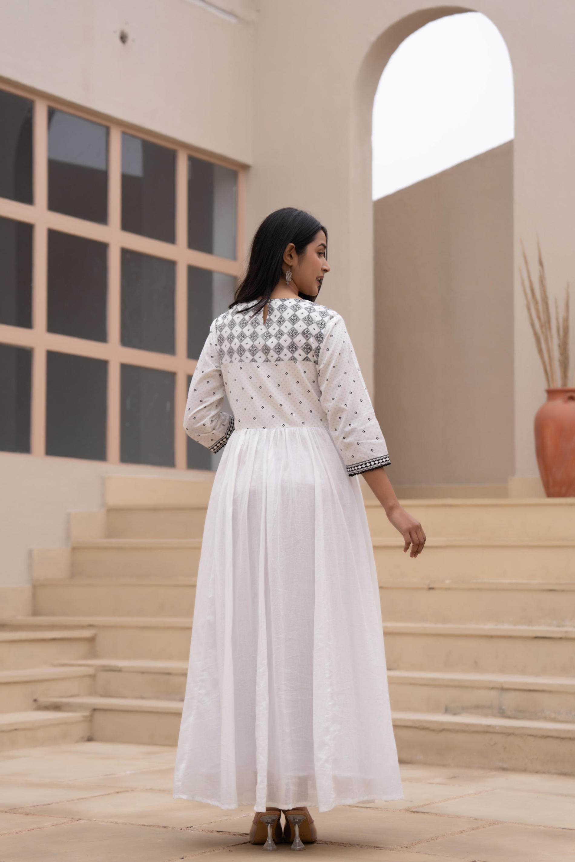 Juniper White Anarkali Dress with Embroidered Dupatta | Grocsy