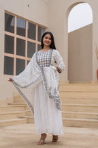 Juniper White Anarkali Dress with Embroidered Dupatta | Grocsy