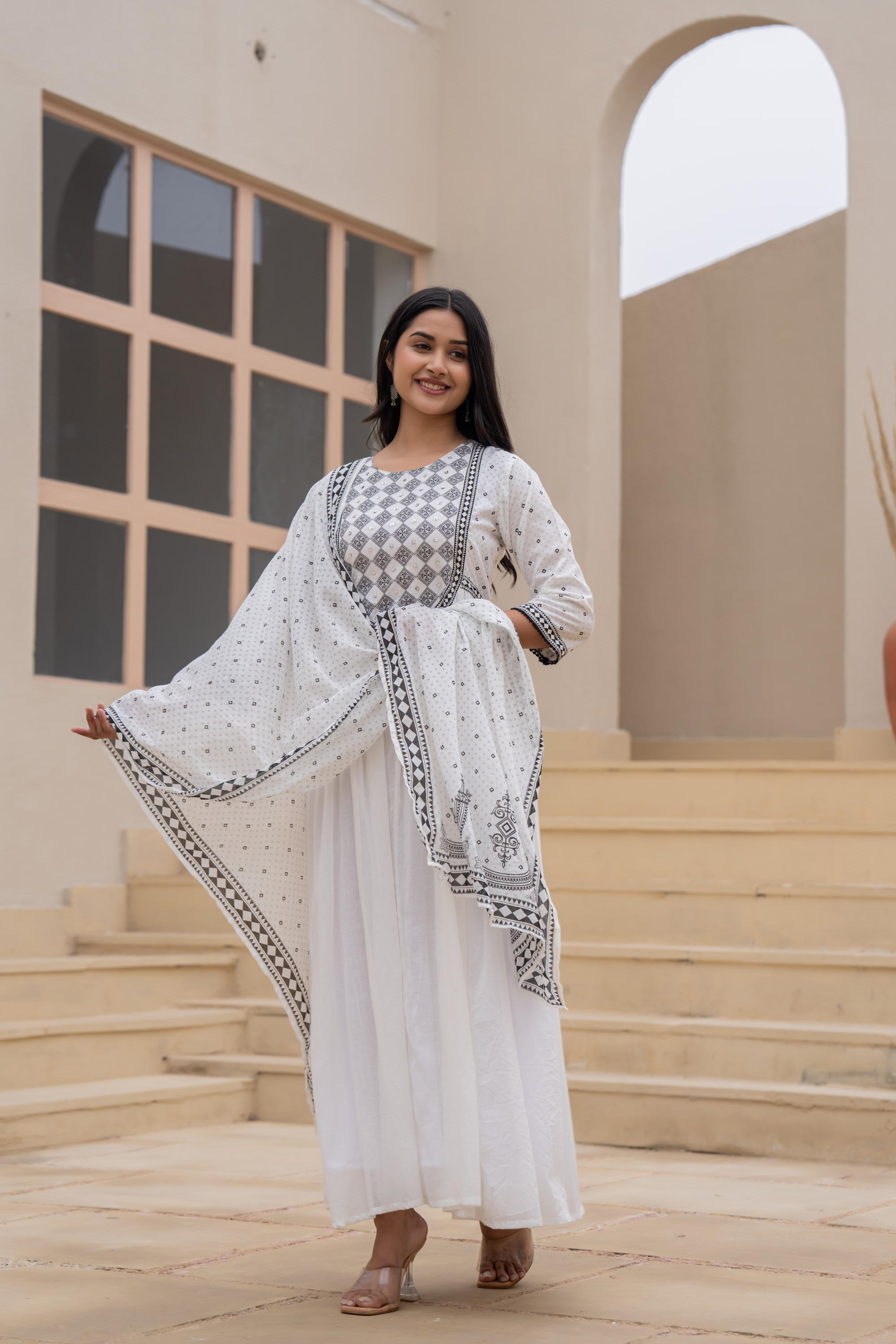 Juniper White Anarkali Dress with Embroidered Dupatta | Grocsy