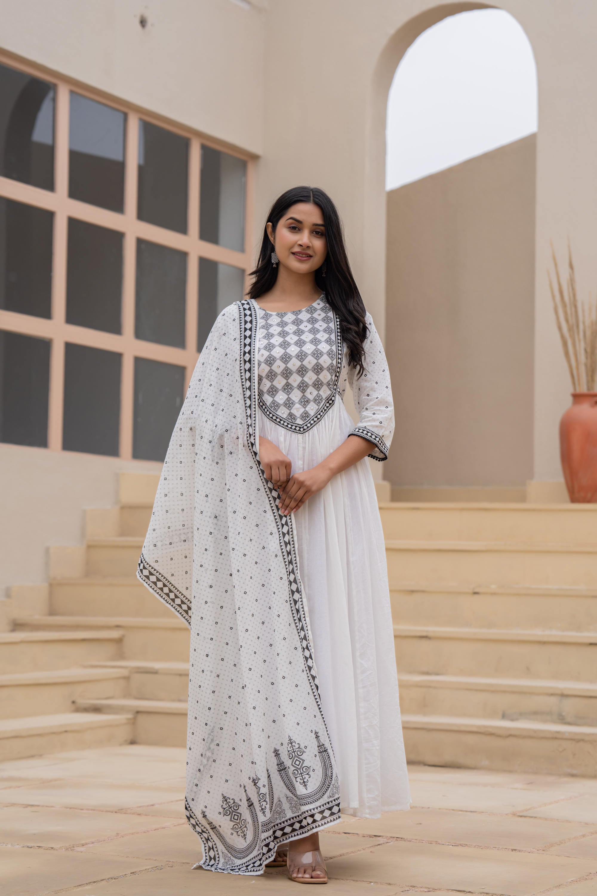 Juniper White Anarkali Dress with Embroidered Dupatta | Grocsy