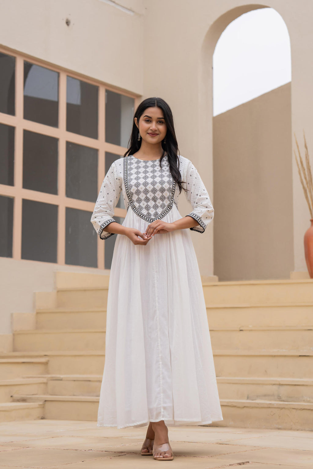 Juniper White Anarkali Dress with Embroidered Dupatta | Grocsy