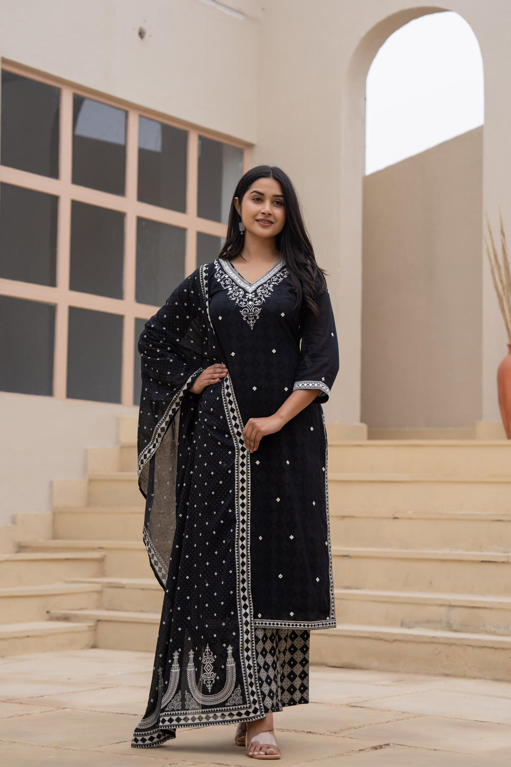 Juniper Black Printed Cotton Kurta Set with Embroidered Neckline & Dupatta | Grocsy