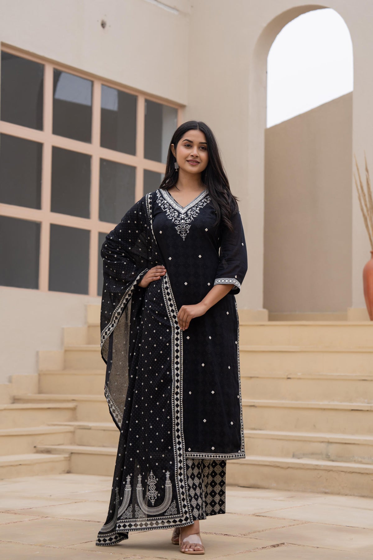 Juniper Black Printed Cotton Kurta Set With Embroidered Neckline & Dupatta | Grocsy