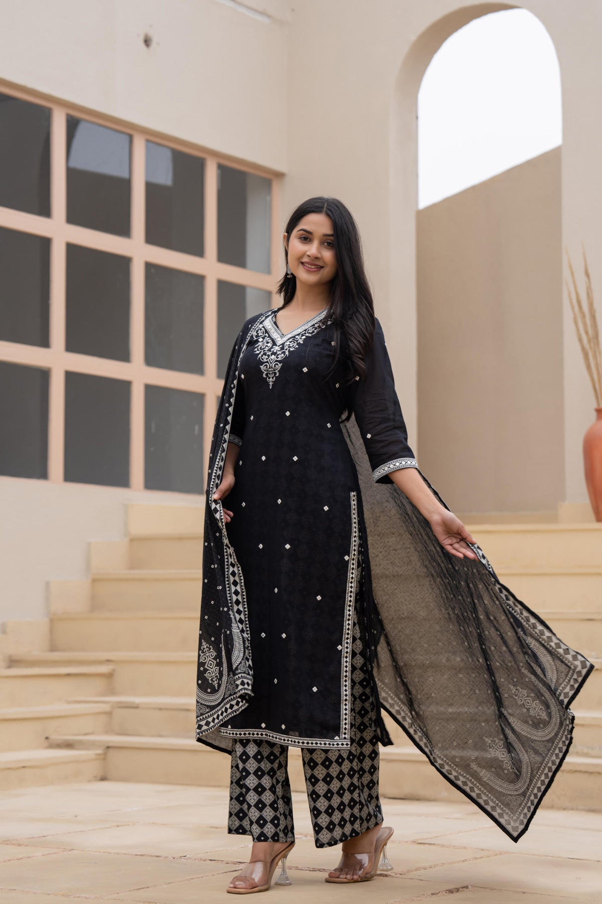 Juniper Black Printed Cotton Kurta Set With Embroidered Neckline & Dupatta | Grocsy