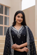 Juniper Black Printed Cotton Kurta Set with Embroidered Neckline & Dupatta | Grocsy