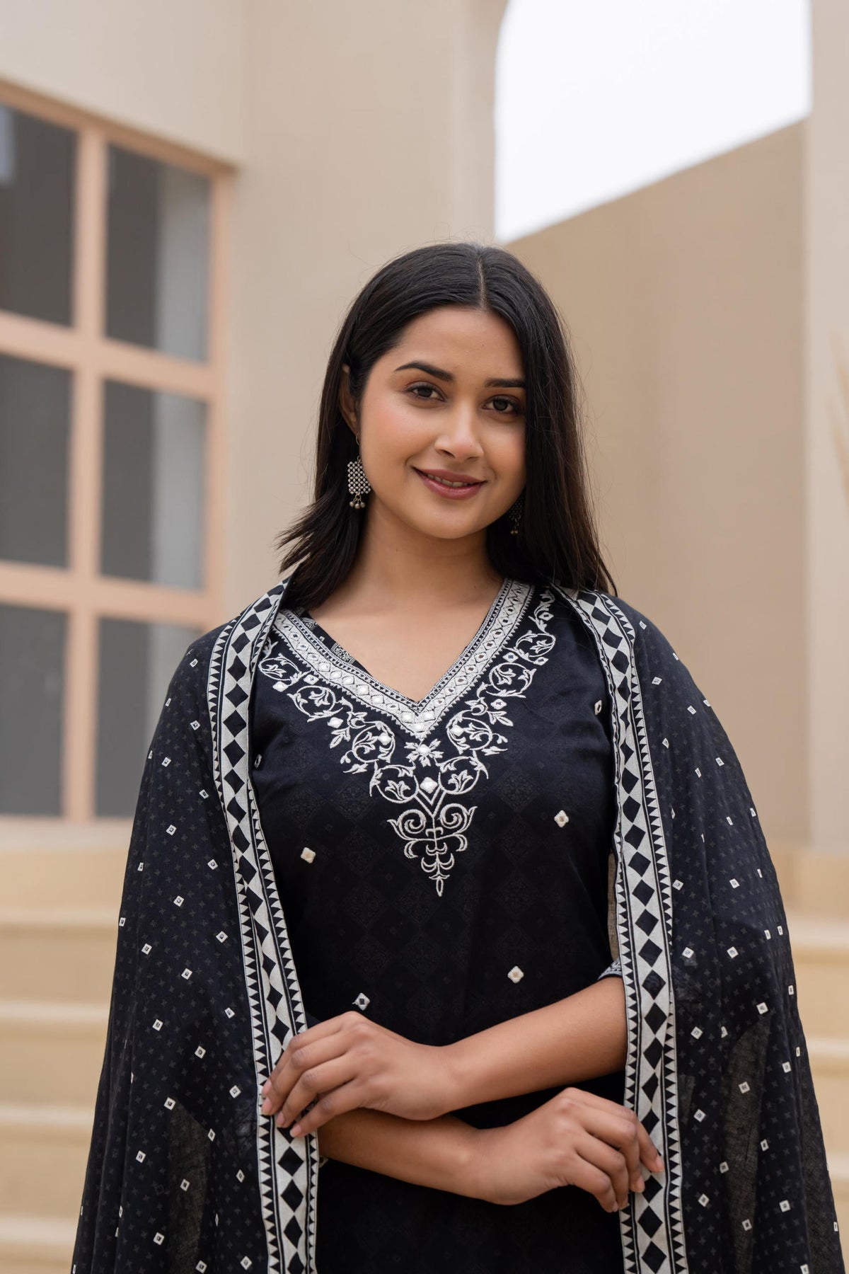 Juniper Black Printed Cotton Kurta Set with Embroidered Neckline & Dupatta | Grocsy