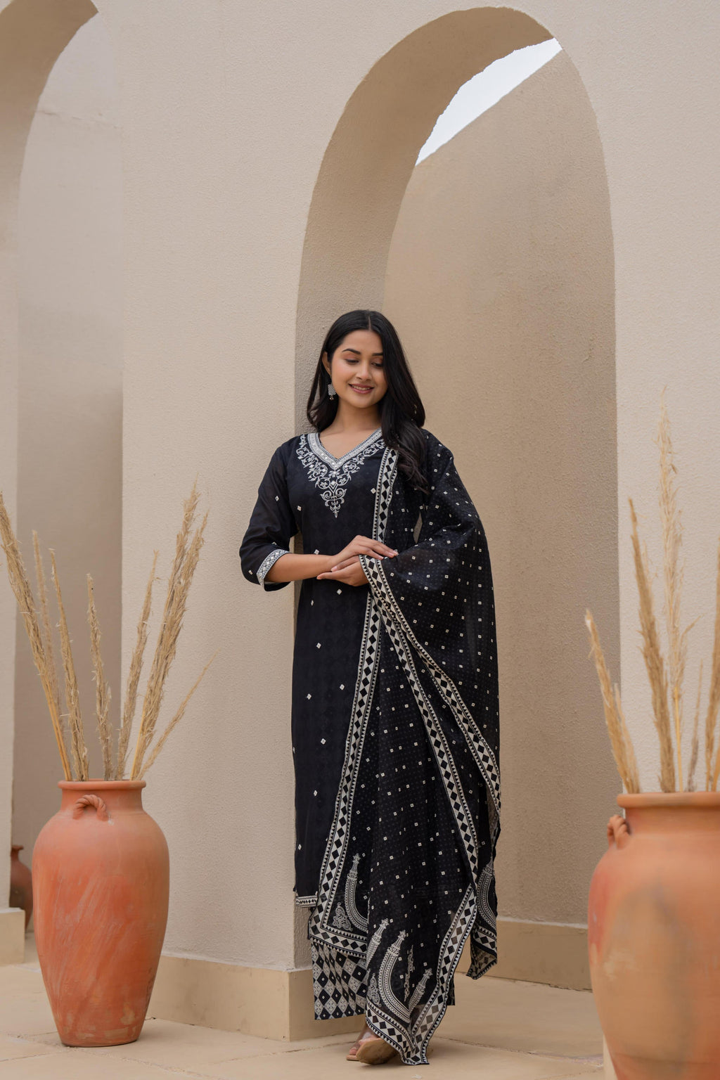 Juniper Black Printed Cotton Kurta Set with Embroidered Neckline & Dupatta | Grocsy