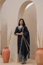 Juniper Black Printed Cotton Kurta Set With Embroidered Neckline & Dupatta | Grocsy