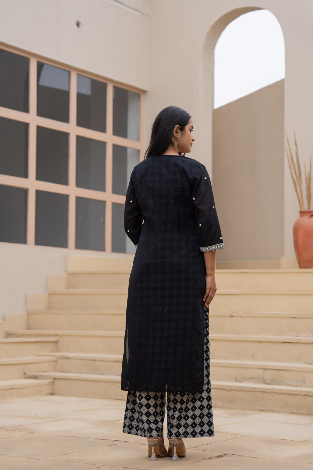 Juniper Black Printed Cotton Kurta Set with Embroidered Neckline & Dupatta | Grocsy