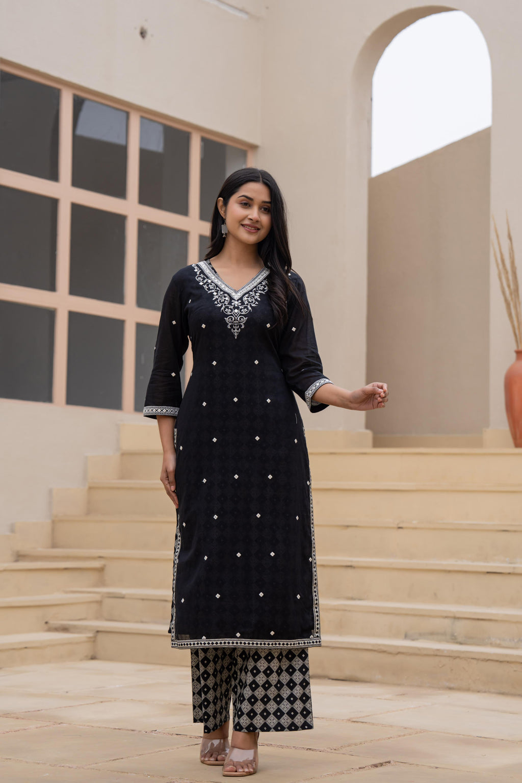 Juniper Black Printed Cotton Kurta Set with Embroidered Neckline & Dupatta | Grocsy