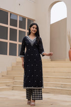 Juniper Black Printed Cotton Kurta Set with Embroidered Neckline & Dupatta | Grocsy