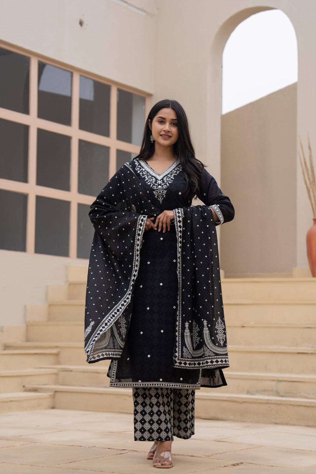 Juniper Black Printed Cotton Kurta Set with Embroidered Neckline & Dupatta | Grocsy