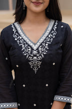 Juniper Black Printed Cotton Kurta Set with Embroidered Neckline & Dupatta | Grocsy