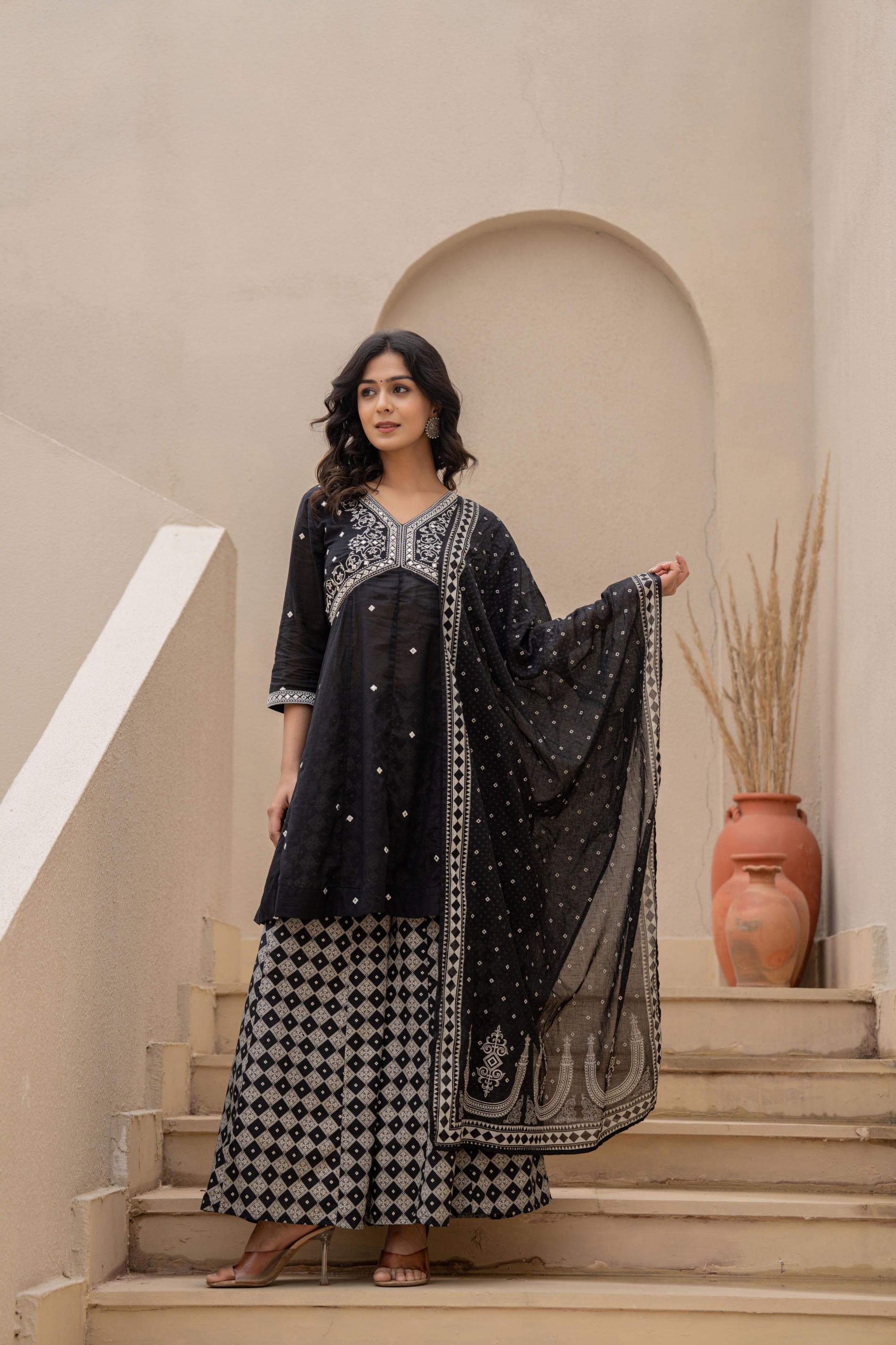 Juniper Black Kurta Set with Heavy Embroidered Neck and Printed Palazzo | Grocsy
