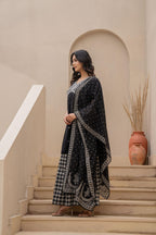 Juniper Black Kurta Set with Heavy Embroidered Neck and Printed Palazzo | Grocsy