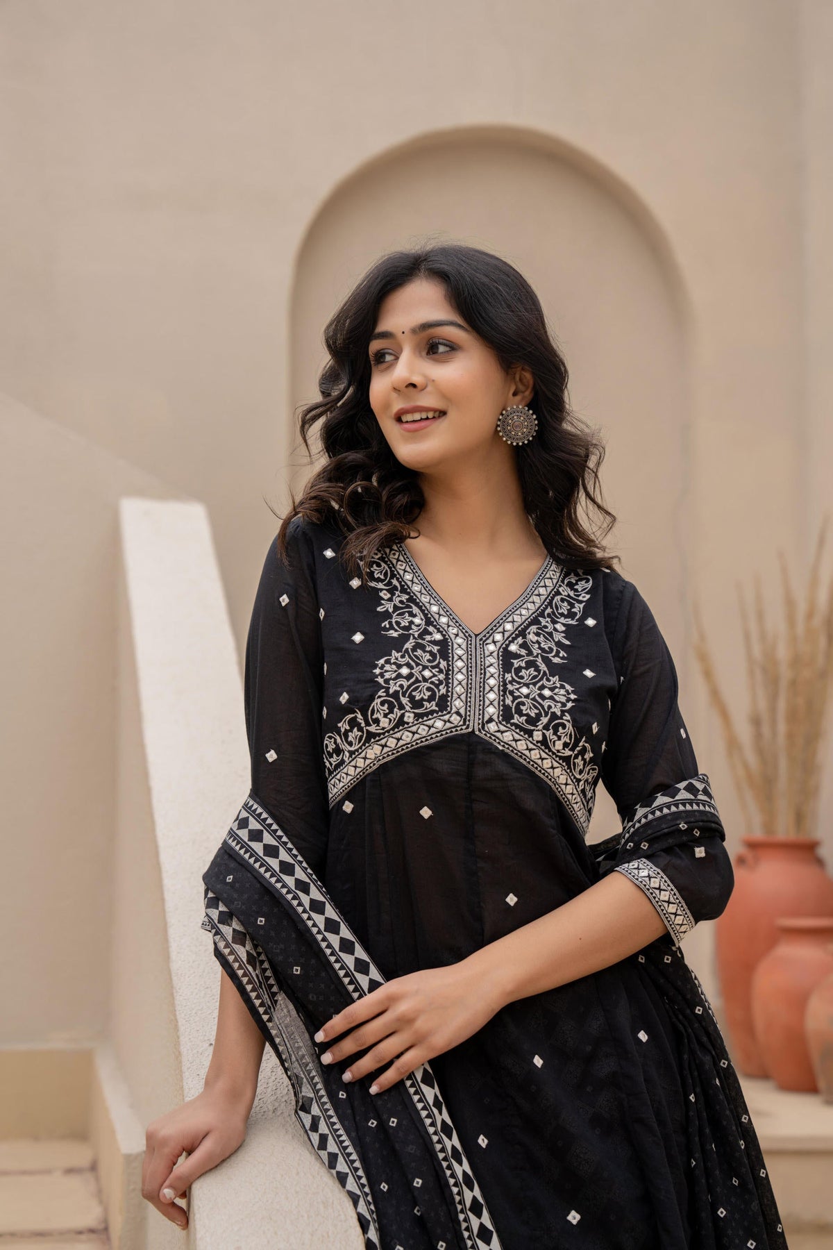 Juniper Black Kurta Set with Heavy Embroidered Neck and Printed Palazzo | Grocsy