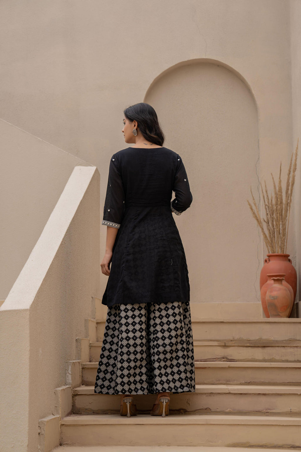 Juniper Black Kurta Set with Heavy Embroidered Neck and Printed Palazzo | Grocsy
