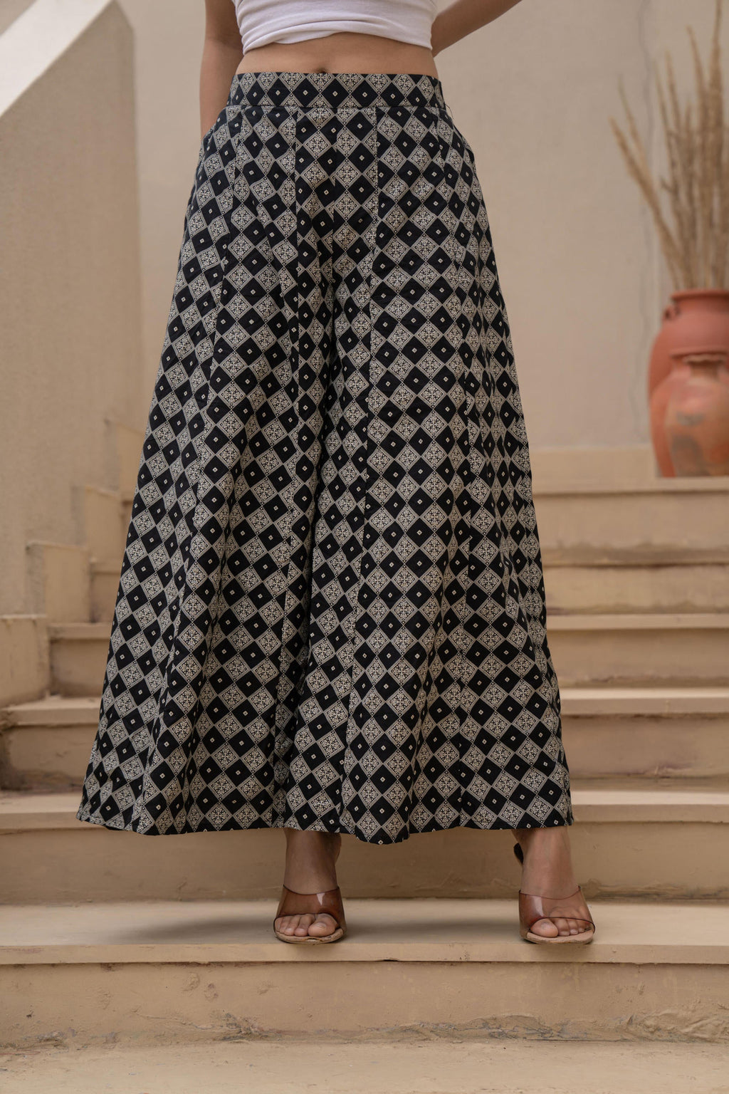 Juniper Black Kurta Set with Heavy Embroidered Neck and Printed Palazzo | Grocsy