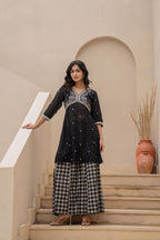 Juniper Black Kurta Set with Heavy Embroidered Neck and Printed Palazzo | Grocsy