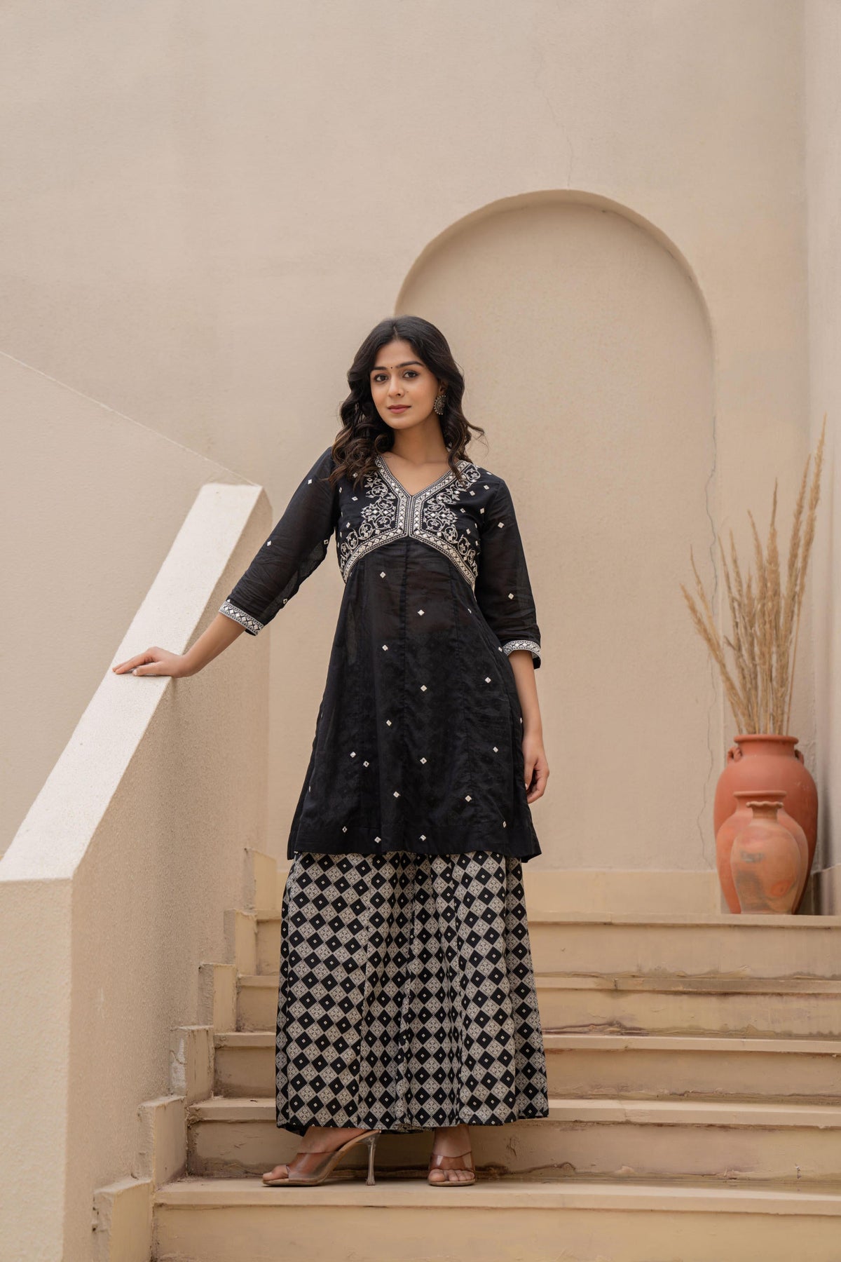 Juniper Black Kurta Set with Heavy Embroidered Neck and Printed Palazzo | Grocsy
