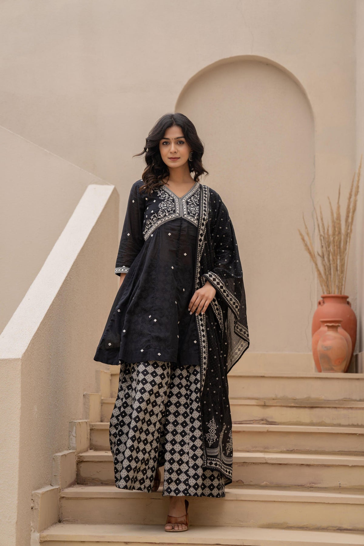 Juniper Black Kurta Set with Heavy Embroidered Neck and Printed Palazzo | Grocsy