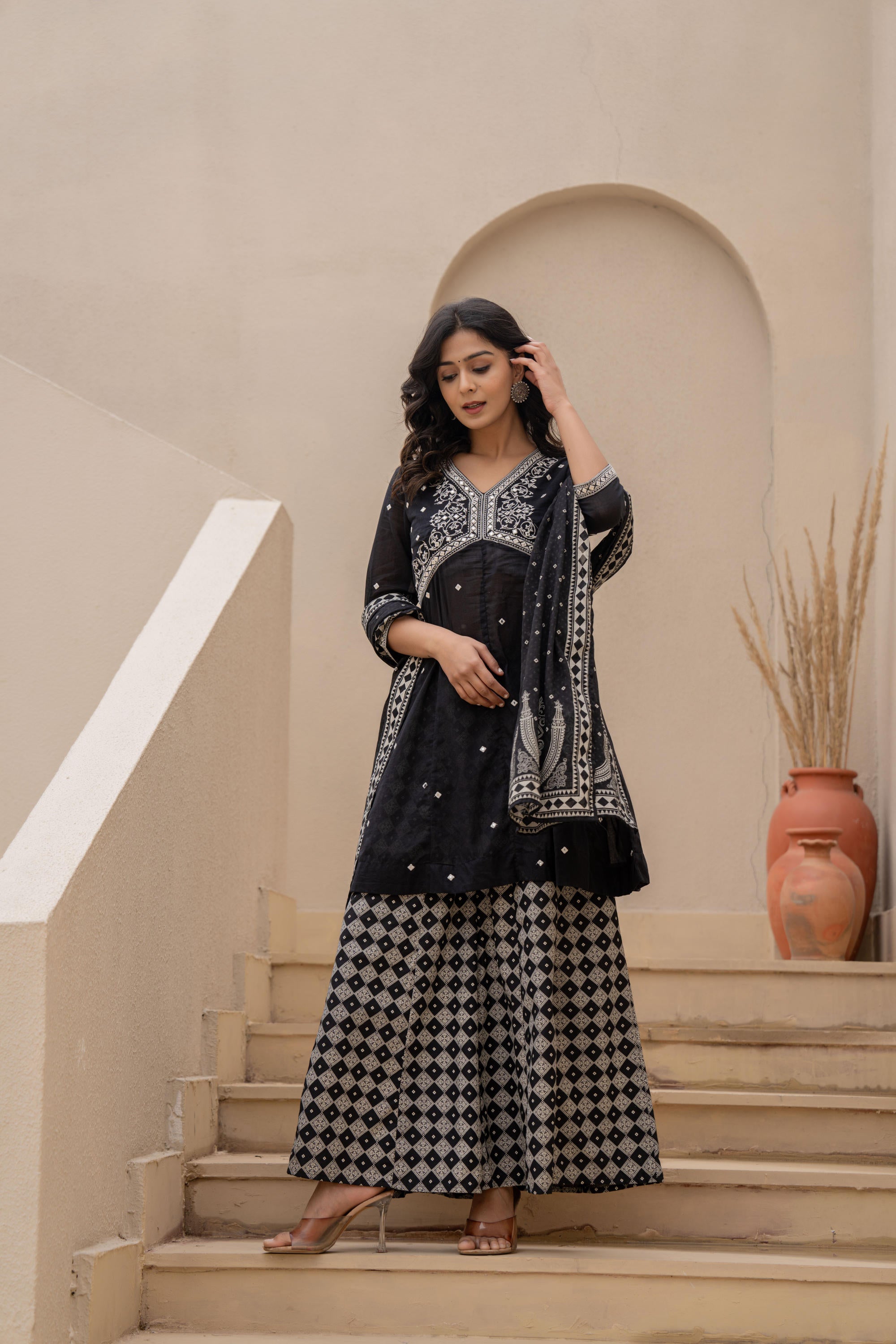 Juniper Black Kurta Set with Heavy Embroidered Neck and Printed Palazzo | Grocsy