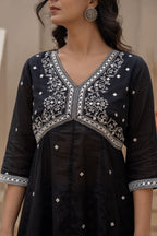 Juniper Black Kurta Set with Heavy Embroidered Neck and Printed Palazzo | Grocsy