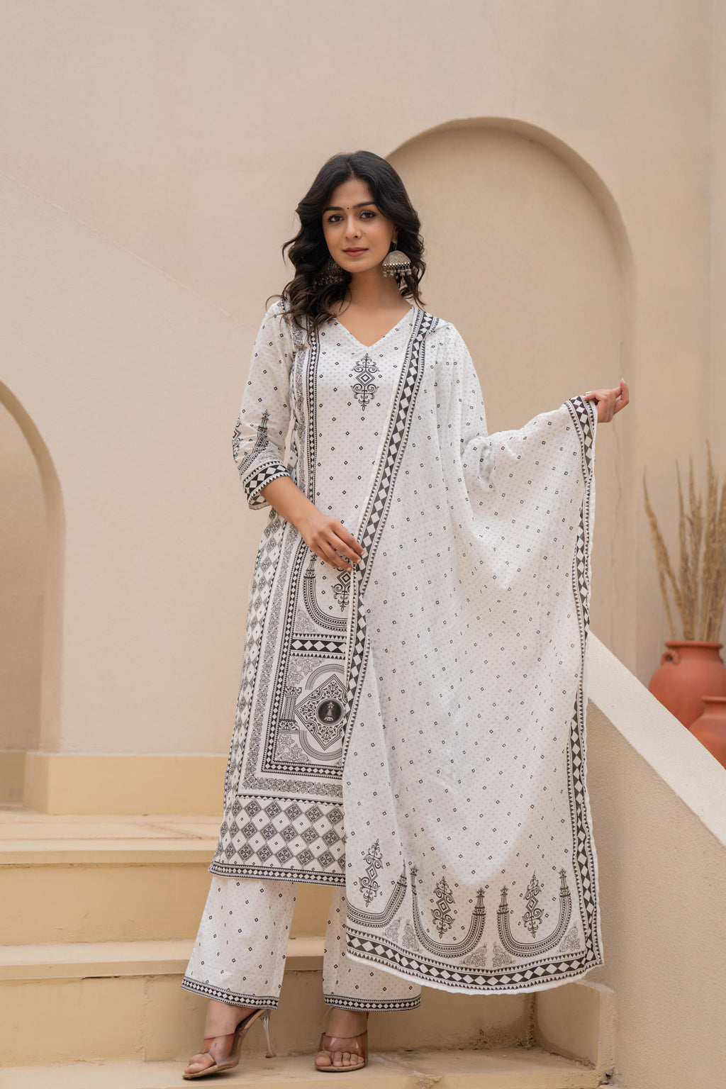 Juniper White Printed Kurta Set with Palazzo & Dupatta | Grocsy