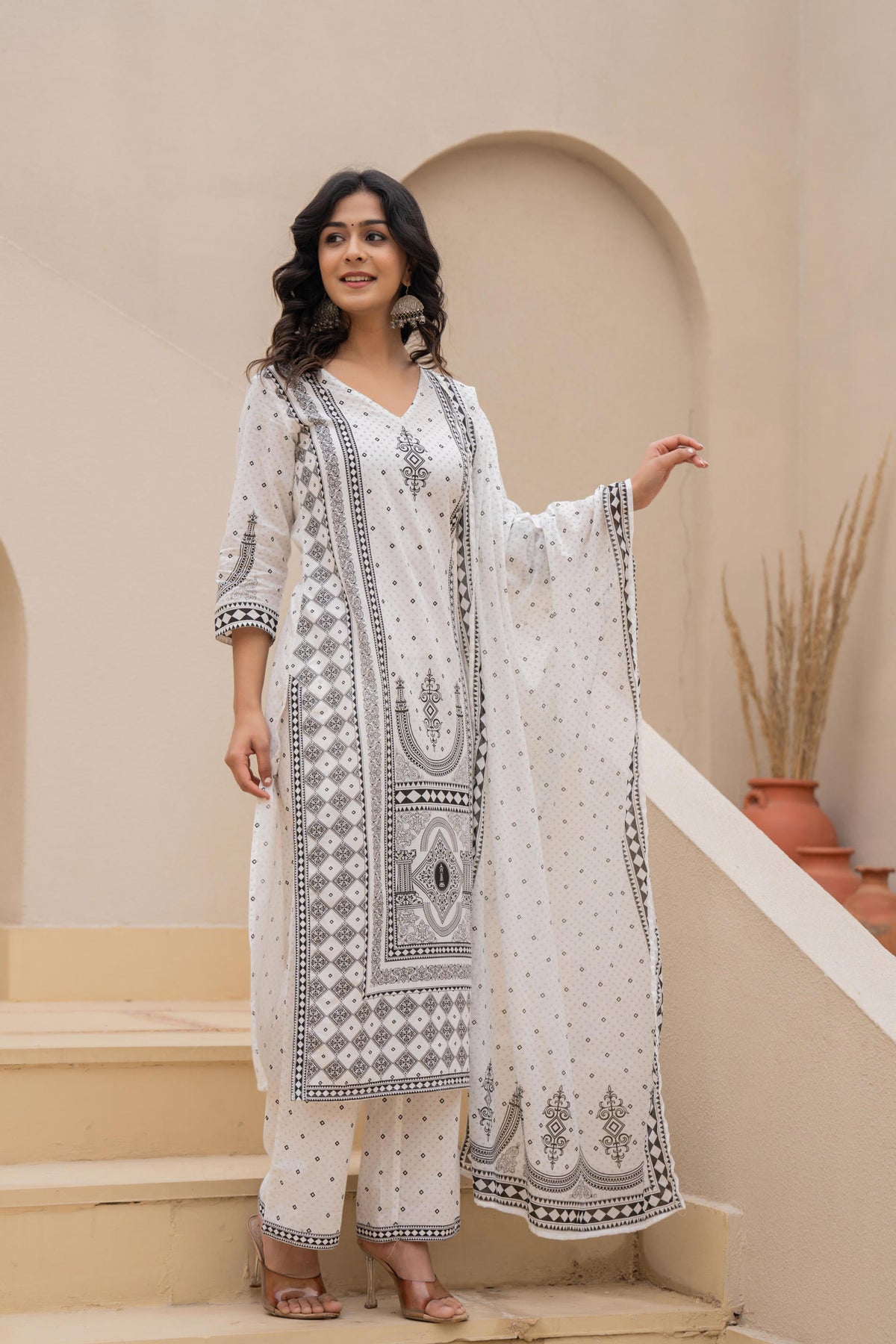 Juniper White Printed Kurta Set with Palazzo & Dupatta | Grocsy