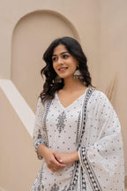 Juniper White Printed Kurta Set With Palazzo & Dupatta | Grocsy