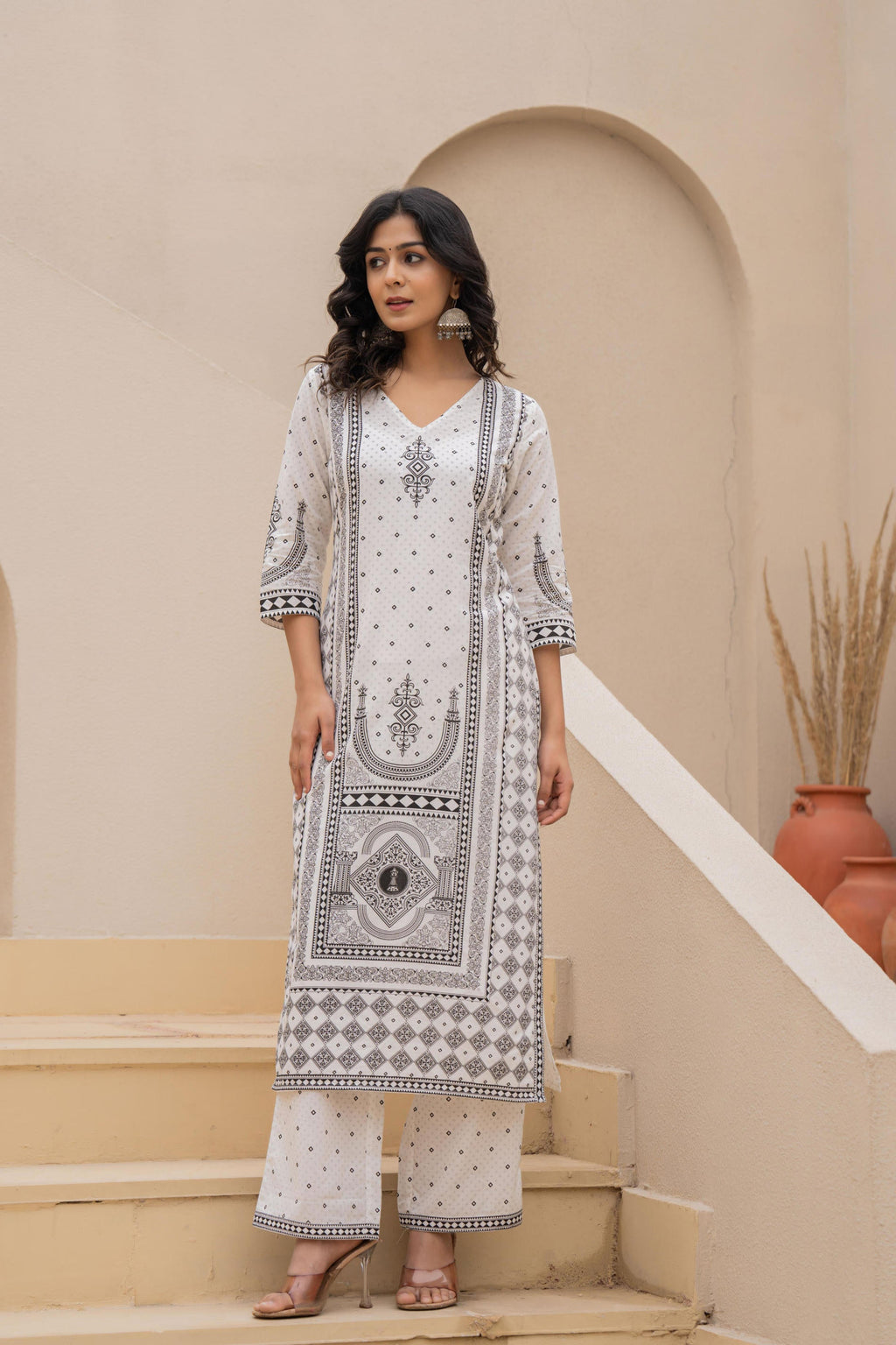 Juniper White Printed Kurta Set with Palazzo & Dupatta | Grocsy