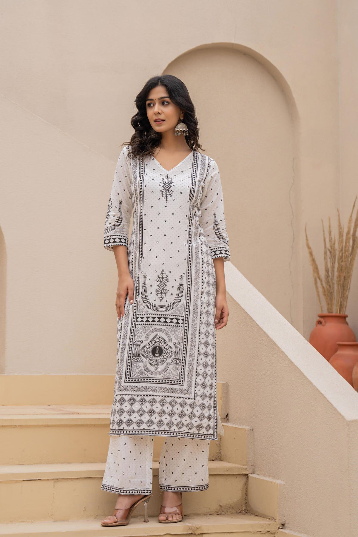Juniper White Printed Kurta Set with Palazzo & Dupatta | Grocsy