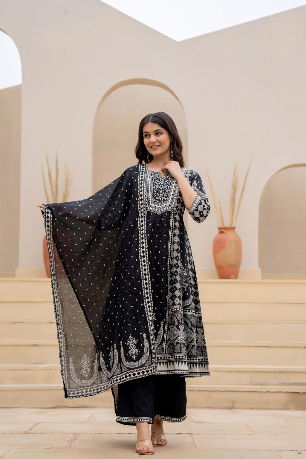 Juniper Black Ethnic Motif Printed Kurta Set With Thread & Mirror Work | Grocsy