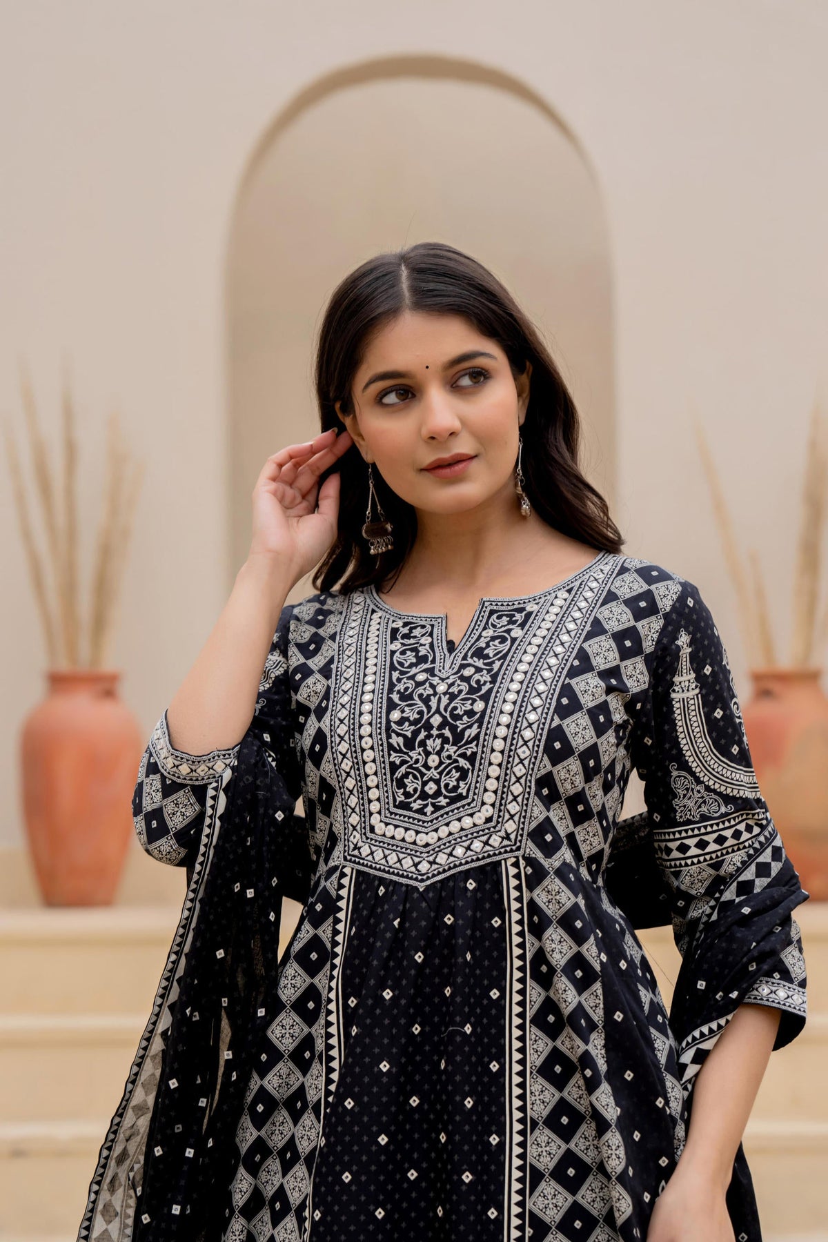 Juniper Black Ethnic Motif Printed Kurta Set With Thread & Mirror Work | Grocsy
