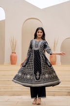 Juniper Black Ethnic Motif Printed Kurta Set With Thread & Mirror Work | Grocsy