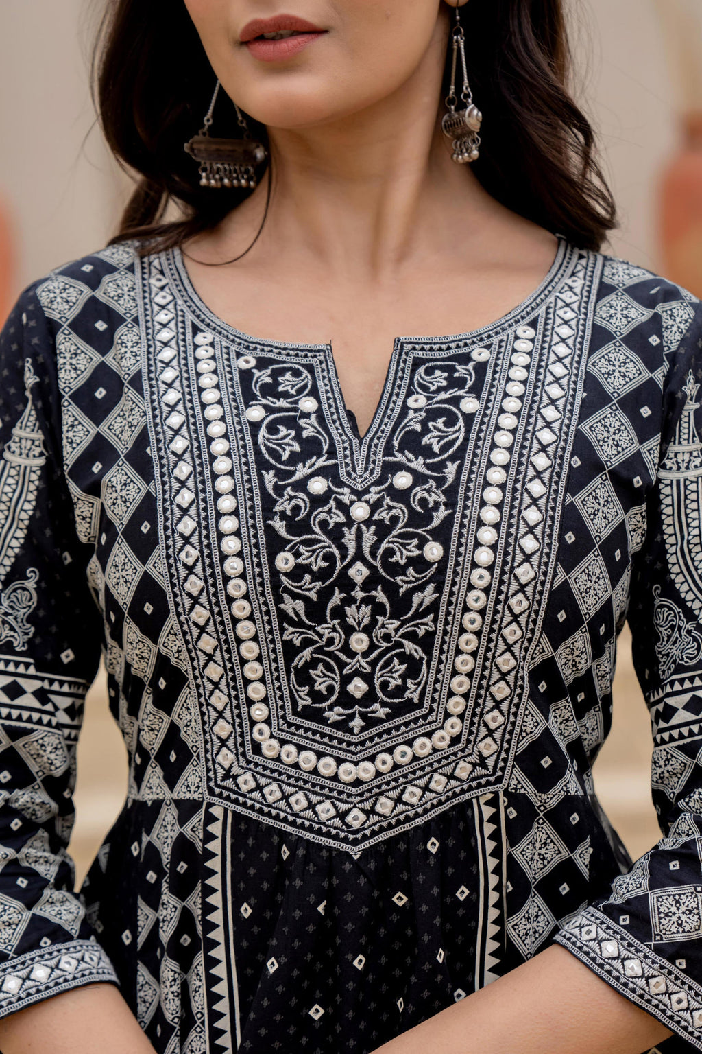 Juniper Black Ethnic Motif Printed Kurta Set With Thread & Mirror Work | Grocsy