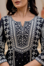 Juniper Black Ethnic Motif Printed Kurta Set With Thread & Mirror Work | Grocsy