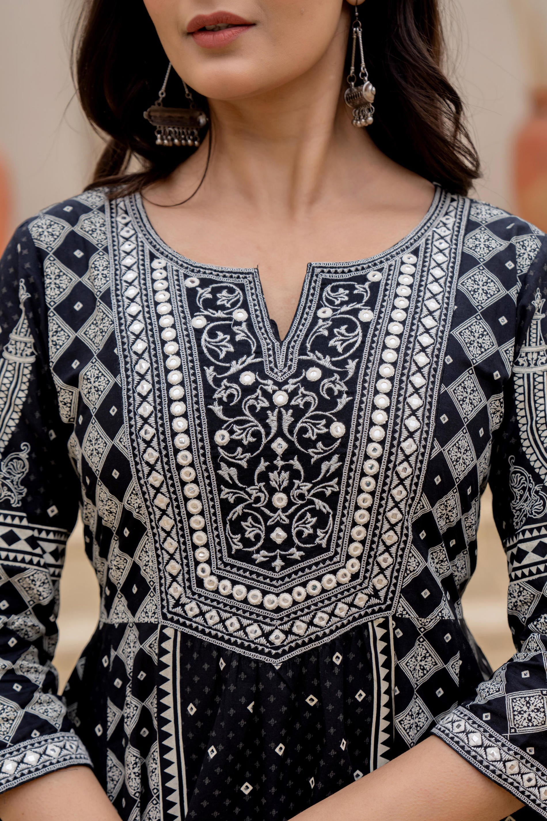Juniper Black Ethnic Motif Printed Kurta Set With Thread & Mirror Work | Grocsy