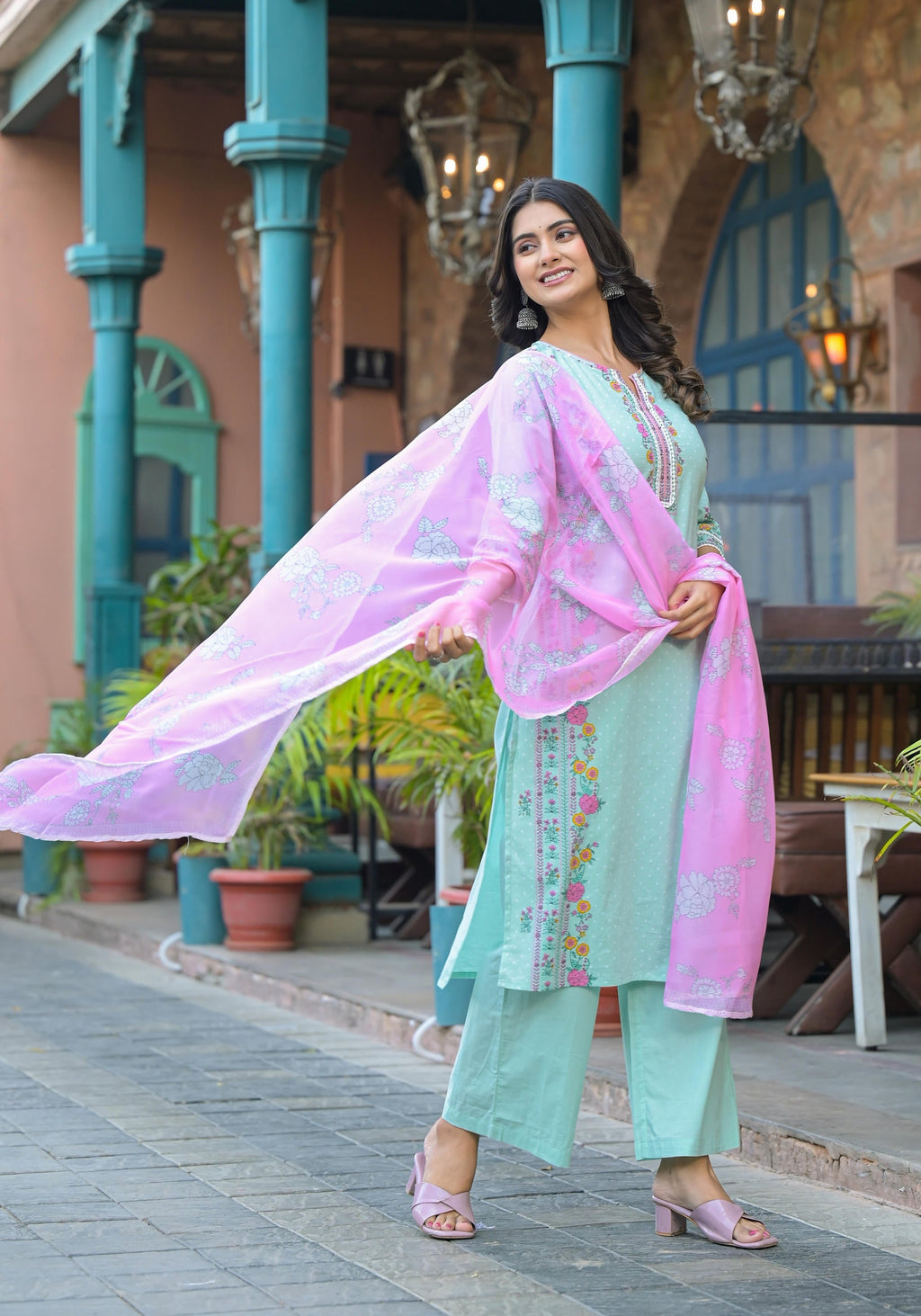 Juniper Mintgreen Pastel Harmony Printed Kurta Set | Grocsy