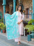 Juniper Onion Pink Embroidered Kurta Set with Aqua Floral Dupatta | Grocsy