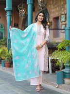 Juniper Onion Pink Embroidered Kurta Set With Aqua Floral Dupatta | Grocsy