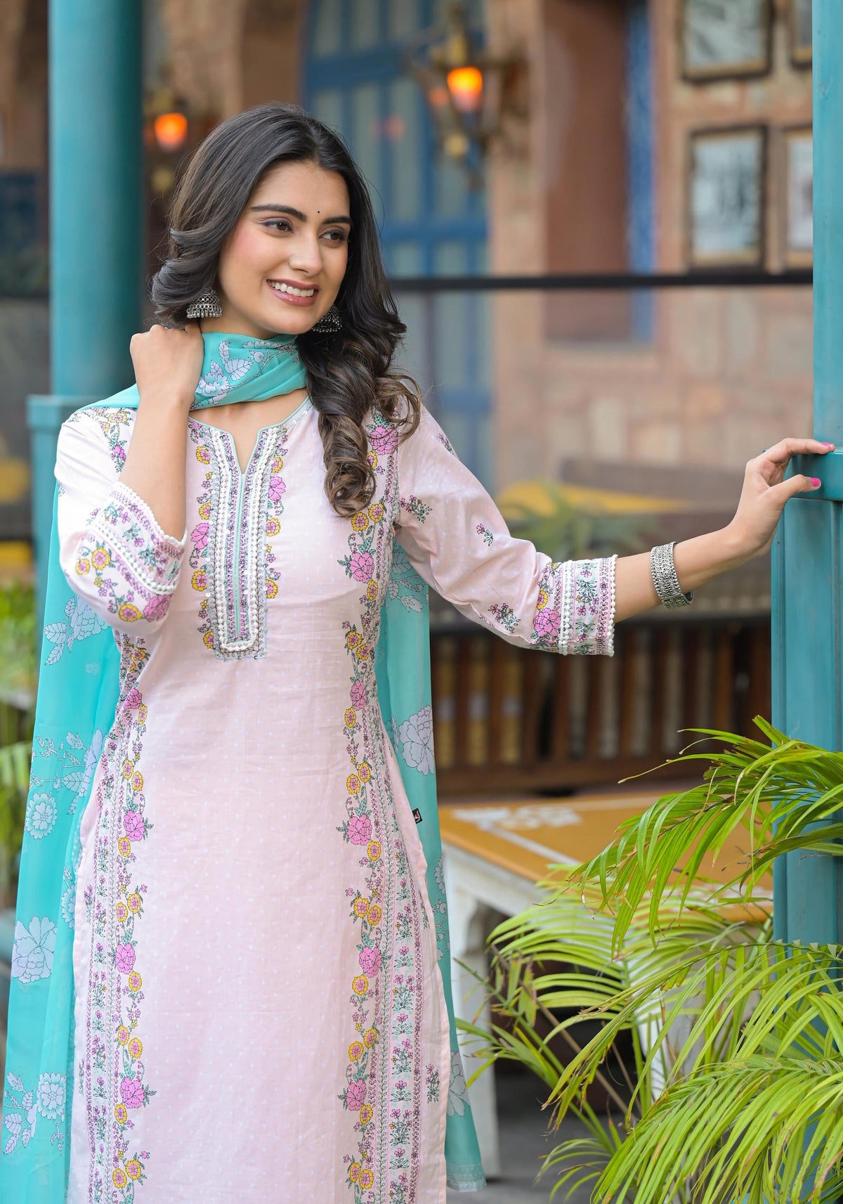 Juniper Onion Pink Embroidered Kurta Set with Aqua Floral Dupatta | Grocsy