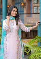 Juniper Onion Pink Embroidered Kurta Set With Aqua Floral Dupatta | Grocsy