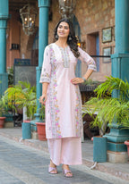 Juniper Onion Pink Embroidered Kurta Set with Aqua Floral Dupatta | Grocsy