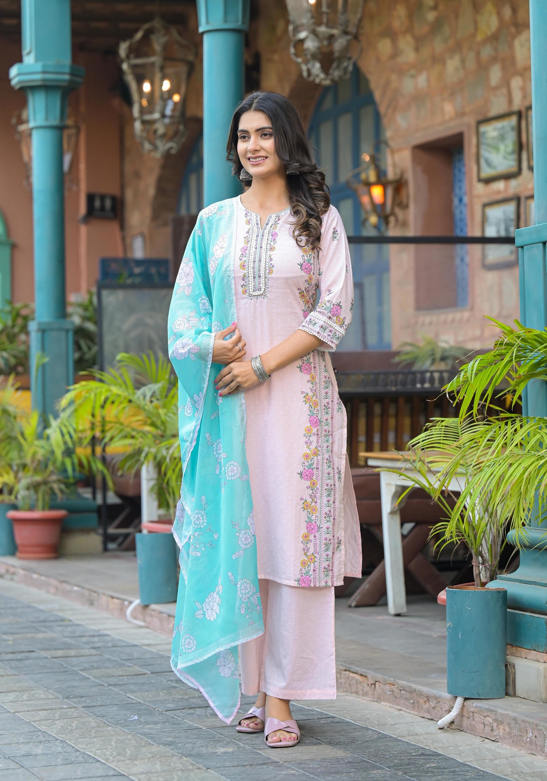Juniper Onion Pink Embroidered Kurta Set with Aqua Floral Dupatta | Grocsy